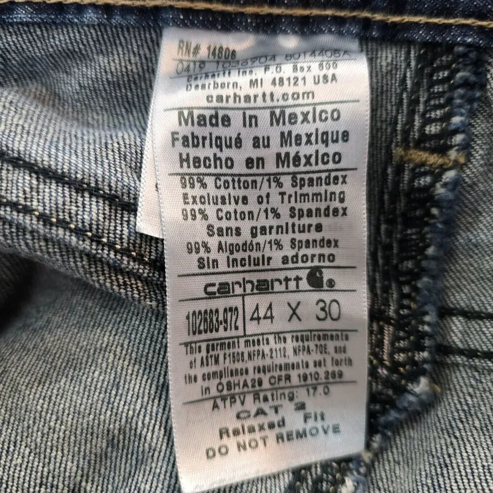 Carhartt Jeans Men's 44 x 30 Blue Utility Work Flame Resistant Classified UL